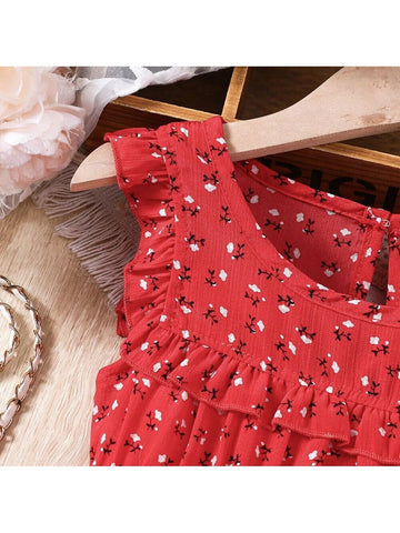Young Girls' Summer Ditsy Floral Ruffle Hem Round Neck Cap Sleeve Casual Dress