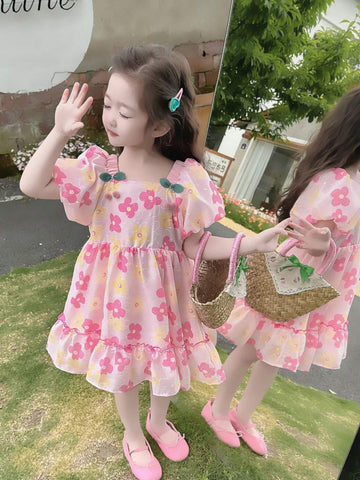 Young Girls' Summer Floral Allover Print Puff Sleeve Dress With Ruffled Hem