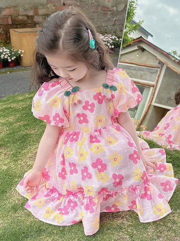 Young Girls' Summer Floral Allover Print Puff Sleeve Dress With Ruffled Hem