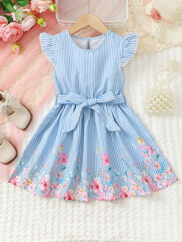 Young Girls' Summer Floral Striped Digital Print Round Neck Cap Sleeve Dress, Summer Style