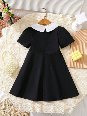 Young Girls' Summer Half-Placket Faux Pearl Decorated Dress