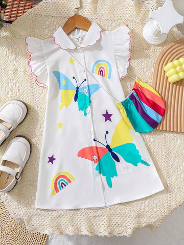 Young Girls' Summer Painted Printed Flutter Sleeve Dress