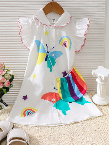 Young Girls' Summer Painted Printed Flutter Sleeve Dress