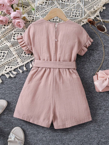 Young Girls" Summer Solid Color Batwing Sleeve Loose Casual Jumpsuit With Round Neckline