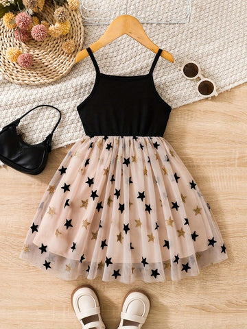 Young Girls' Summer Starry Mesh Tutu Dress With Spaghetti Straps