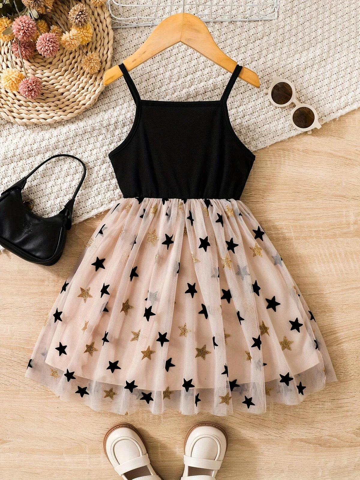 Young Girls' Summer Starry Mesh Tutu Dress With Spaghetti Straps