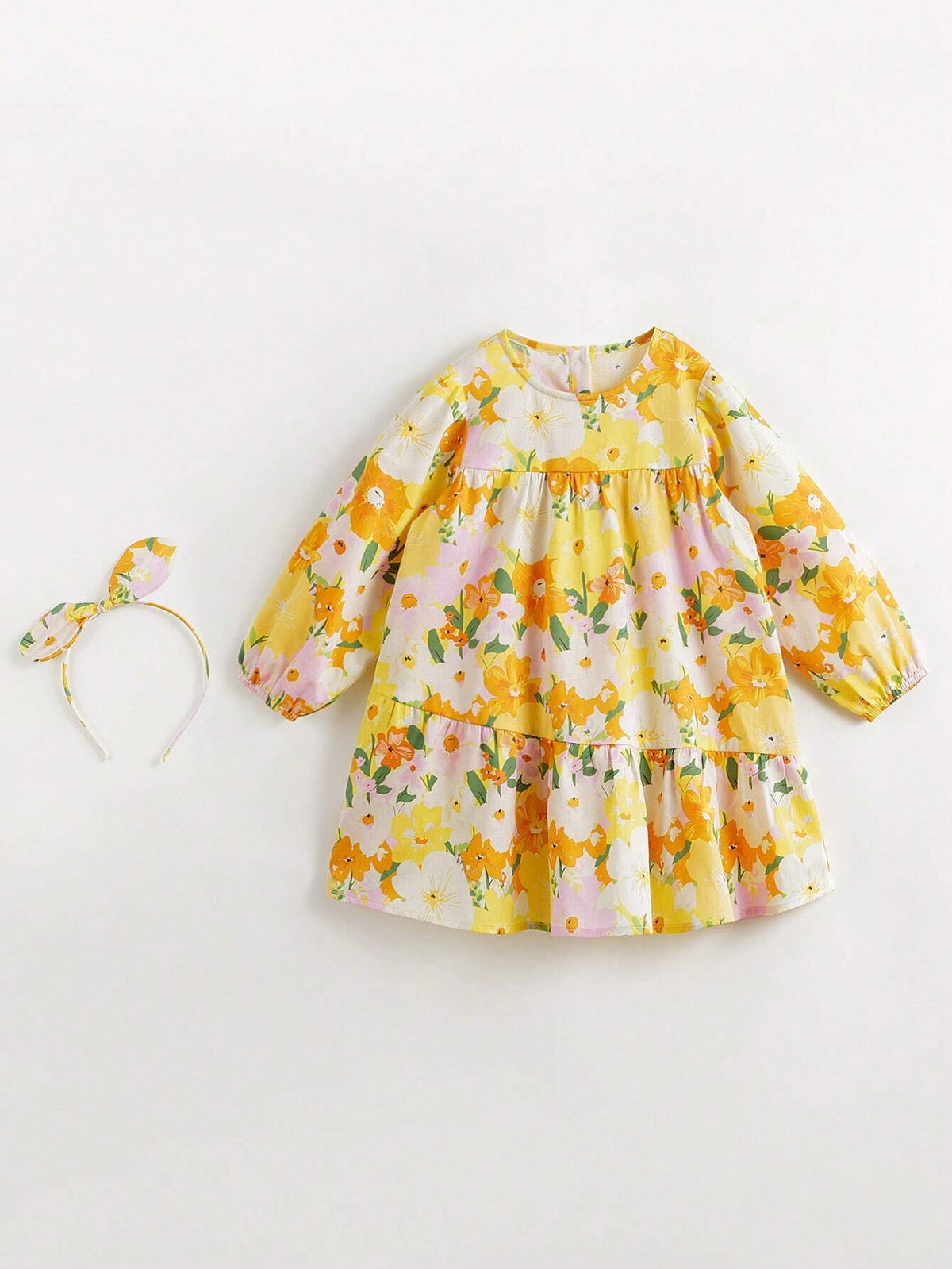 Young Girls' Sweet Floral Printed Round Neck Long Sleeve Dress With Hairband Gift, Spring/Summer