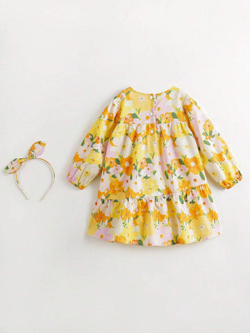 Young Girls' Sweet Floral Printed Round Neck Long Sleeve Dress With Hairband Gift, Spring/Summer