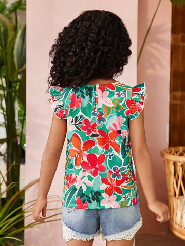 Young Girl's Tropical Plant & Flower Printed Ruffle Armhole Shirt For Vacation