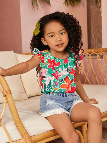 Young Girl's Tropical Plant & Flower Printed Ruffle Armhole Shirt For Vacation
