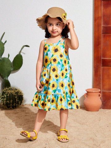 Young Girl's Woven Floral Printed Loose Casual Tank Dress With Crossbody Bag