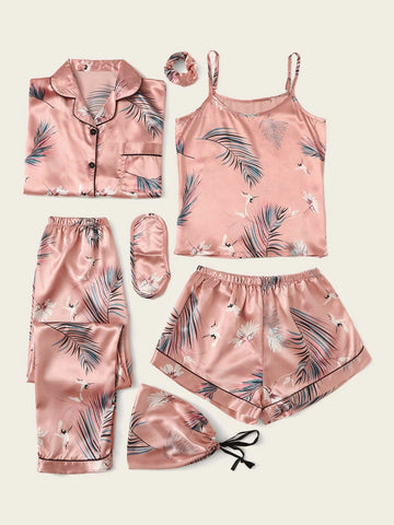 7pcs Crane & Tropical Print Satin Pajama Set