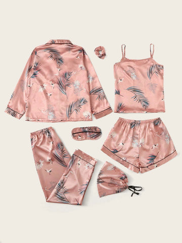 7pcs Crane & Tropical Print Satin Pajama Set