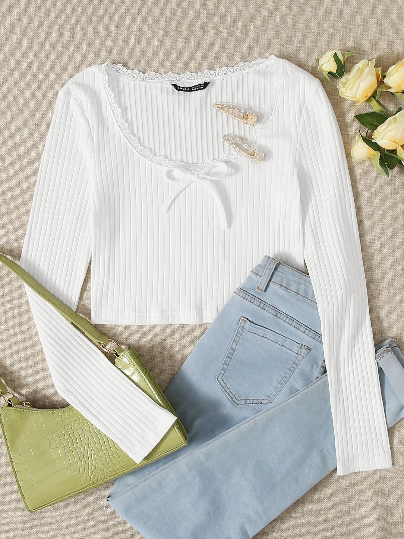Lace Trim Bow Front Rib-knit Tee