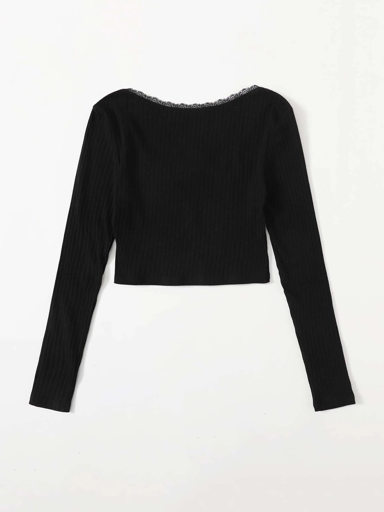 Lace Trim Bow Front Rib-knit Tee