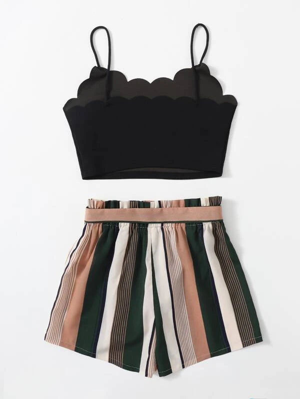 Teen Girls Scallop Edge Cami Top & Self Belted Striped Shorts Set