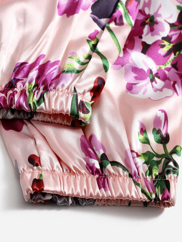 Floral Lace Lingerie Set With Floral Print Satin Pants