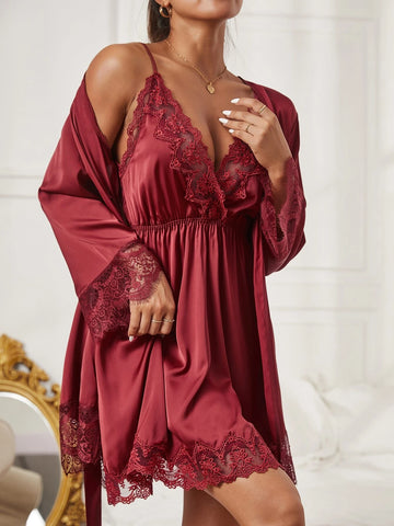 Embroidered Mesh Trim Satin Slips With Belted Robe no