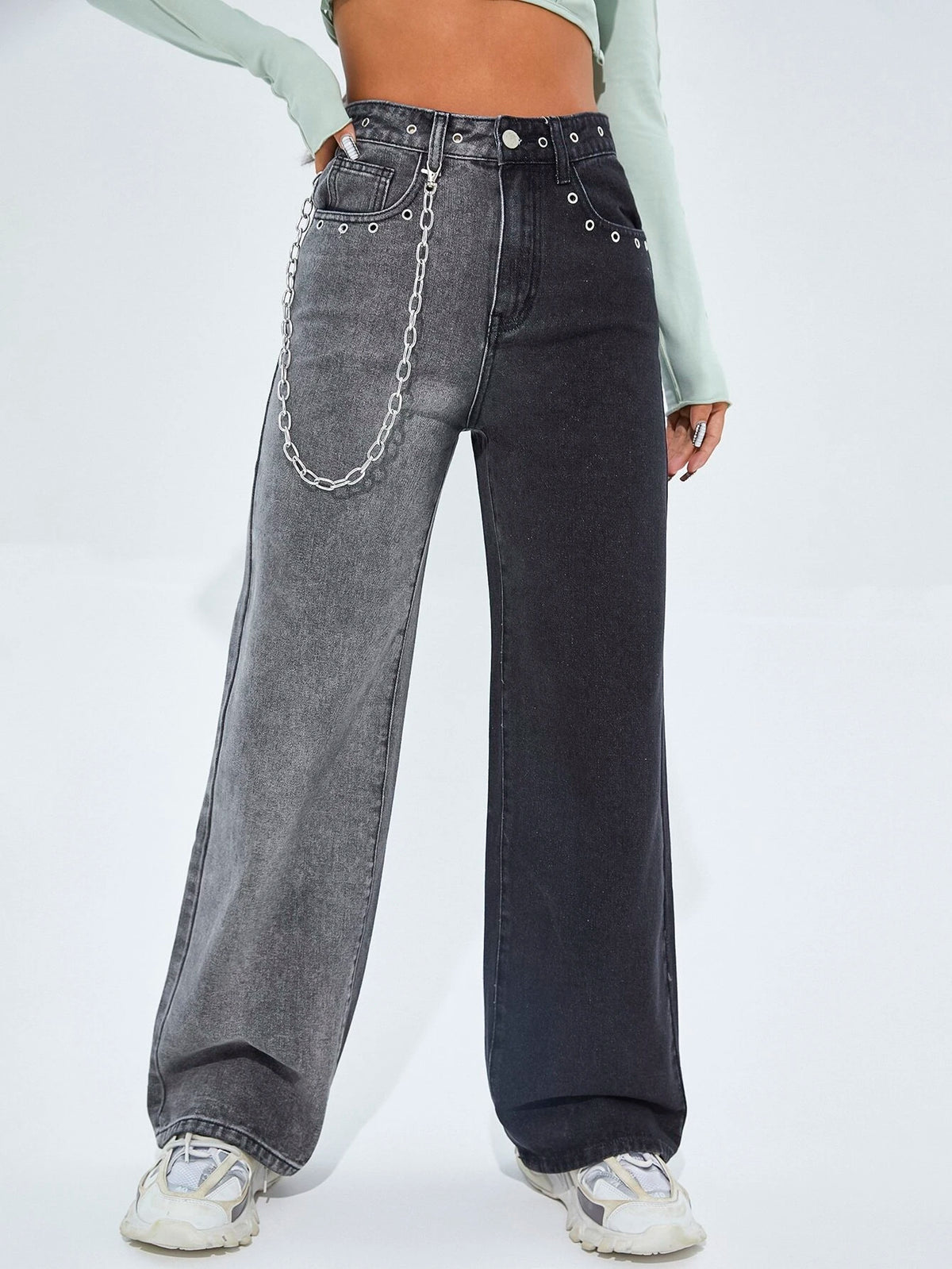 High Waist Wide Leg Grommet Eyelet Jeans With Chain