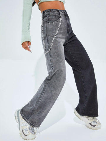 High Waist Wide Leg Grommet Eyelet Jeans With Chain