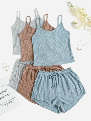 3sets Ribbed Knit Cami Top & Tie Front Shorts Lounge Set