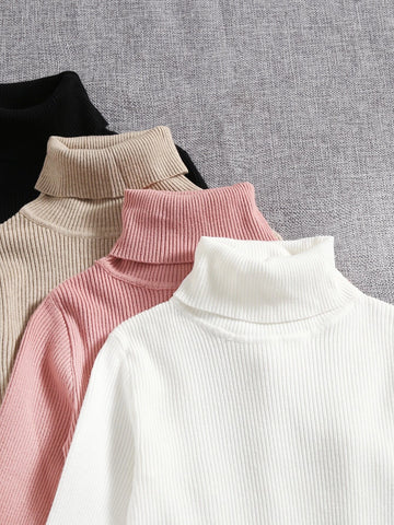 4pcs Solid Turtleneck Ribbed Knit Sweater