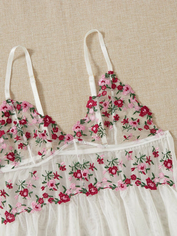 Floral Embroidery Mesh Slips With Thong