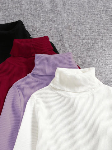 4pcs Solid Turtleneck Ribbed Knit Sweater