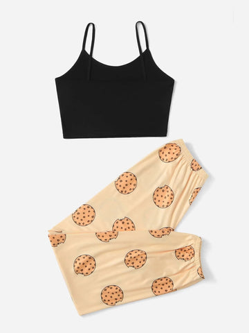 Solid Cami Top & Cookie Print Pants PJ Set