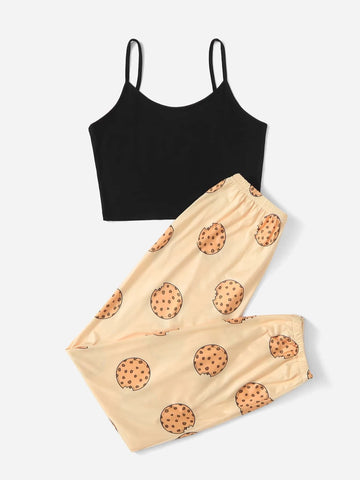 Solid Cami Top & Cookie Print Pants PJ Set