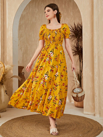 Floral Square Neck Shirred A-line Dress