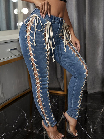 SXY Criss Cross Lace Up Cut Out Skinny Jeans