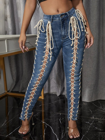 SXY Criss Cross Lace Up Cut Out Skinny Jeans