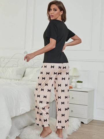 Solid Tee & Bow Print Pants PJ Set