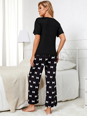 Solid Tee & Bow Print Pants PJ Set