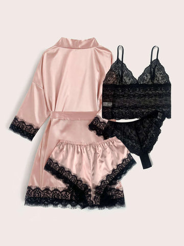 4pack Floral Lace Lingerie Set With Satin Belted Robe