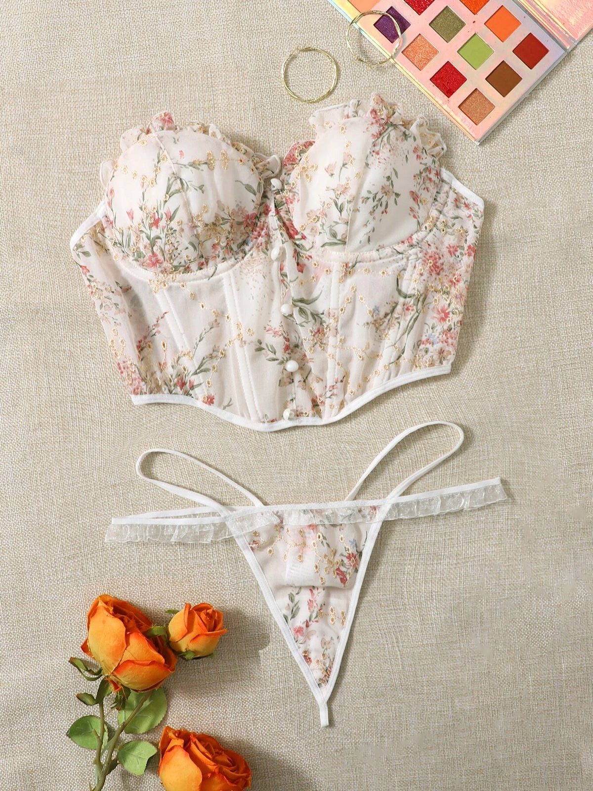 Floral Embroidered Frilled Fake Button Tube Underwire Lingerie Set