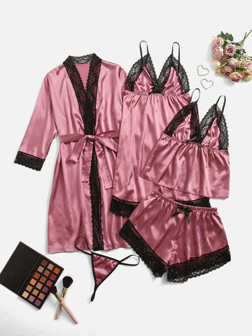 6pack Lace Trim Satin Lingerie Set With Robe