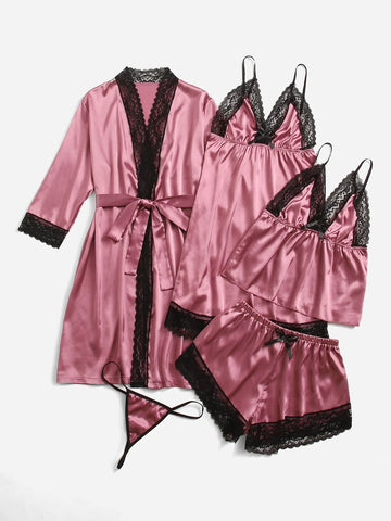 6pack Lace Trim Satin Lingerie Set With Robe