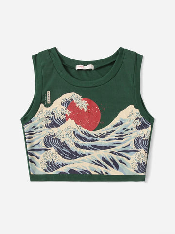 ROMWE Wave Graphic Ribbed Tank Top