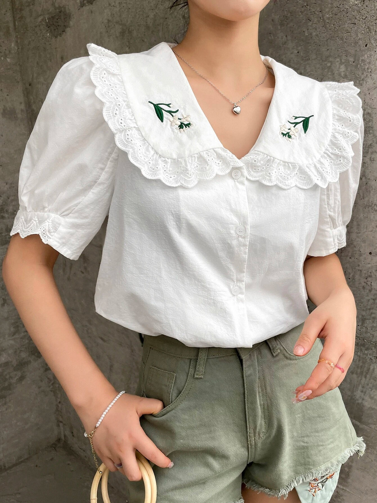 DAZY Floral Embroidery Statement Collar Puff Sleeve Shirt