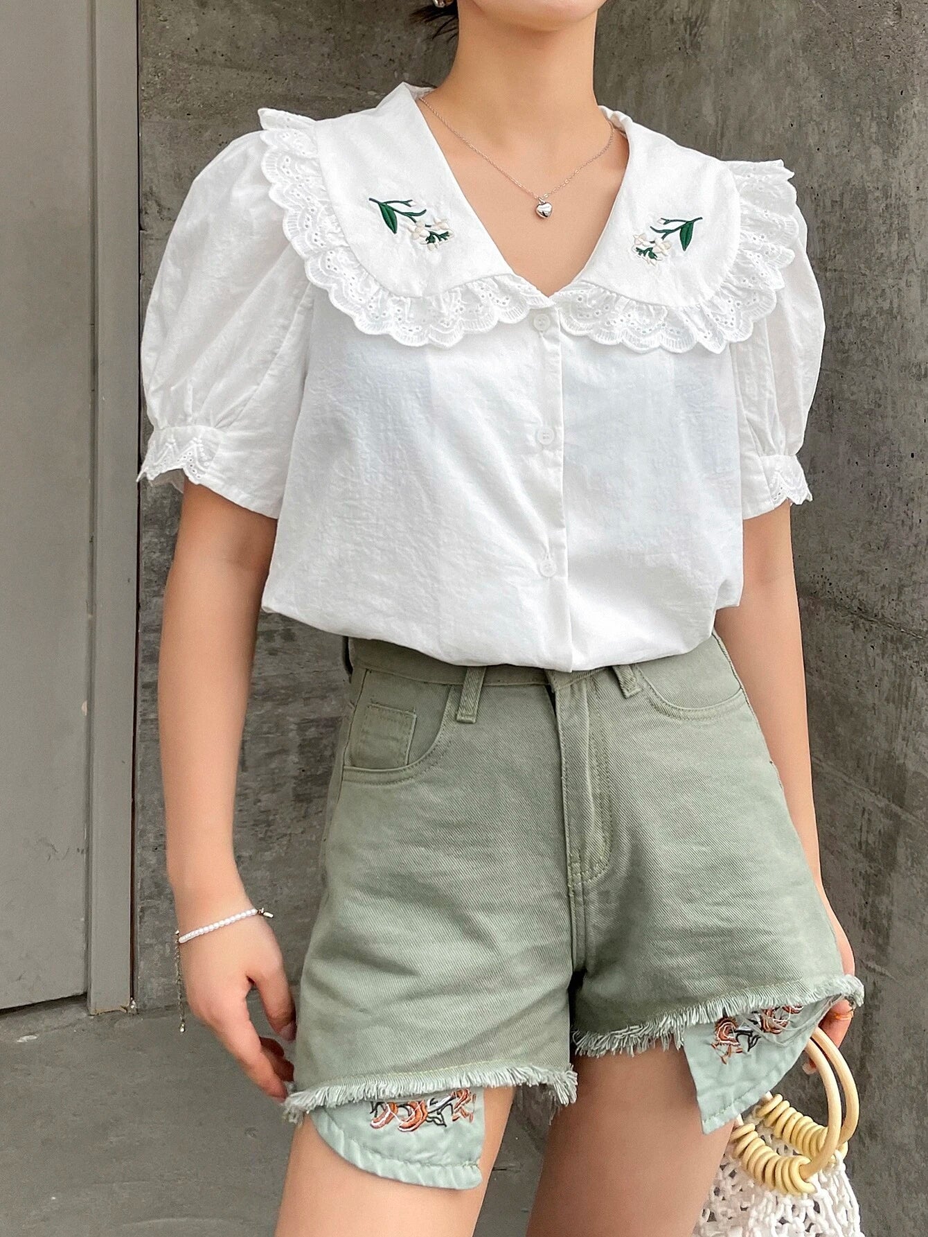 DAZY Floral Embroidery Statement Collar Puff Sleeve Shirt