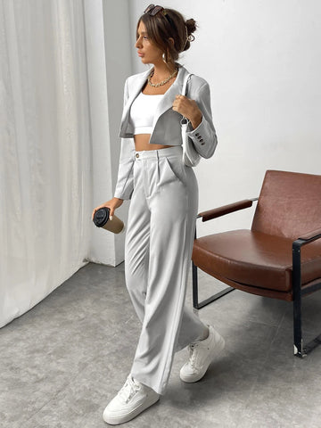 Solid Crop Blazer & Plicated Detail Tailored Pants