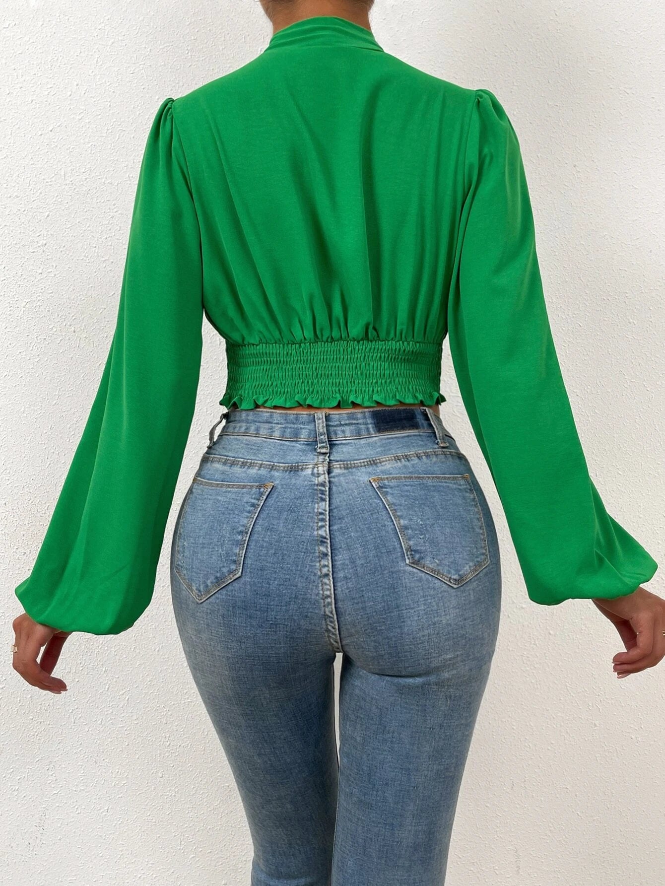 Button Front Bishop Sleeve Crop Blouse