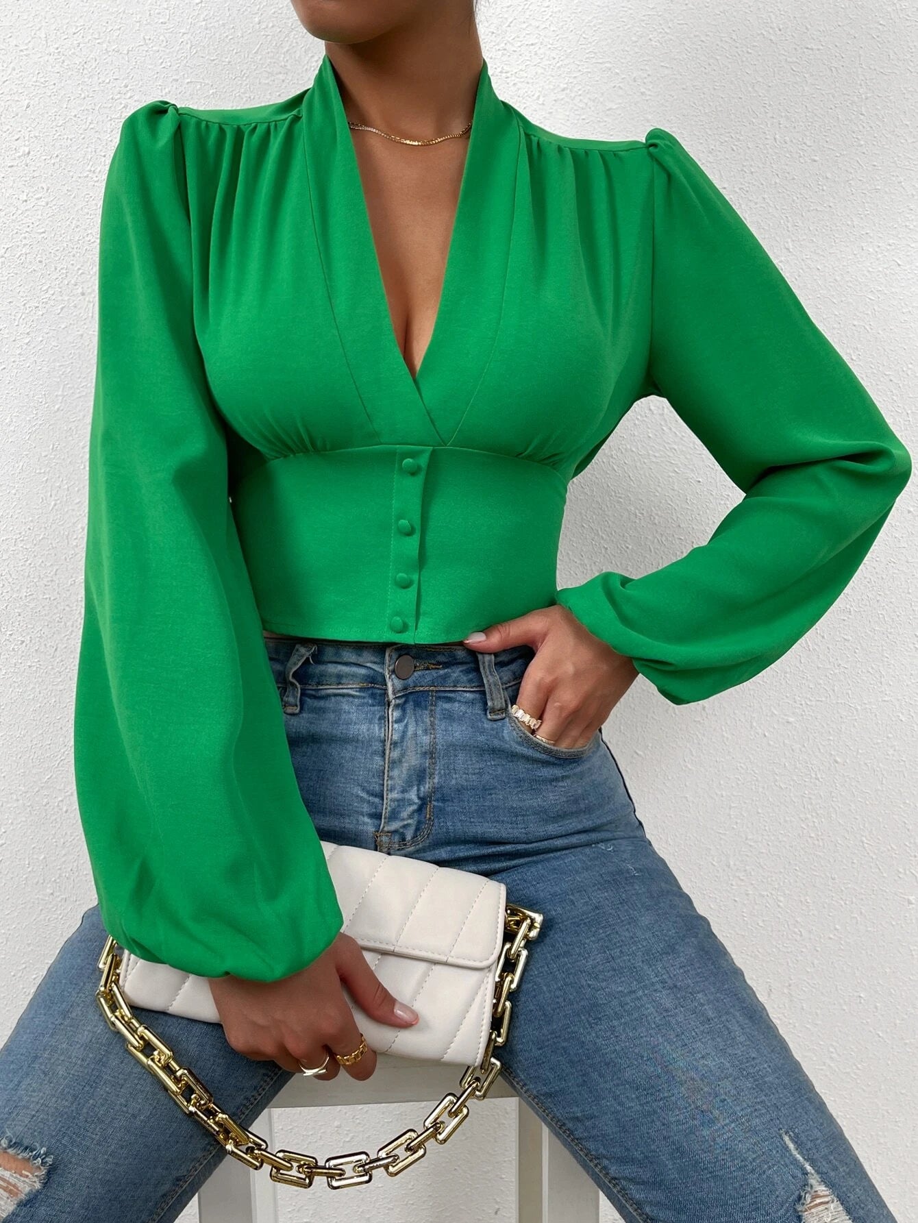 Button Front Bishop Sleeve Crop Blouse