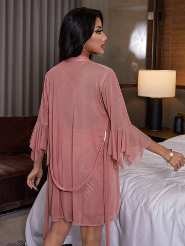 Flounce Sleeve Belted Sleep Robe & Lace Panel Bow Cami Nightdress