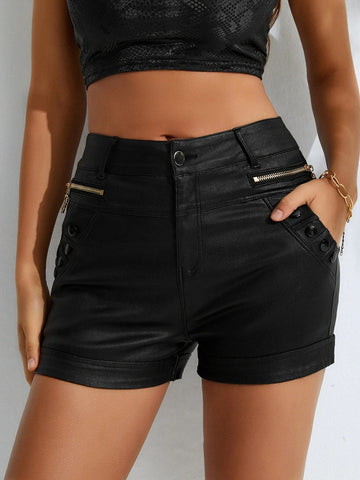 Apperloth A High Waist Zip Detail Slant Pockets PU Leather Shorts