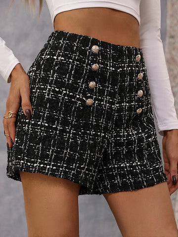 High Waist Plaid Double Breasted Tweed Shorts
