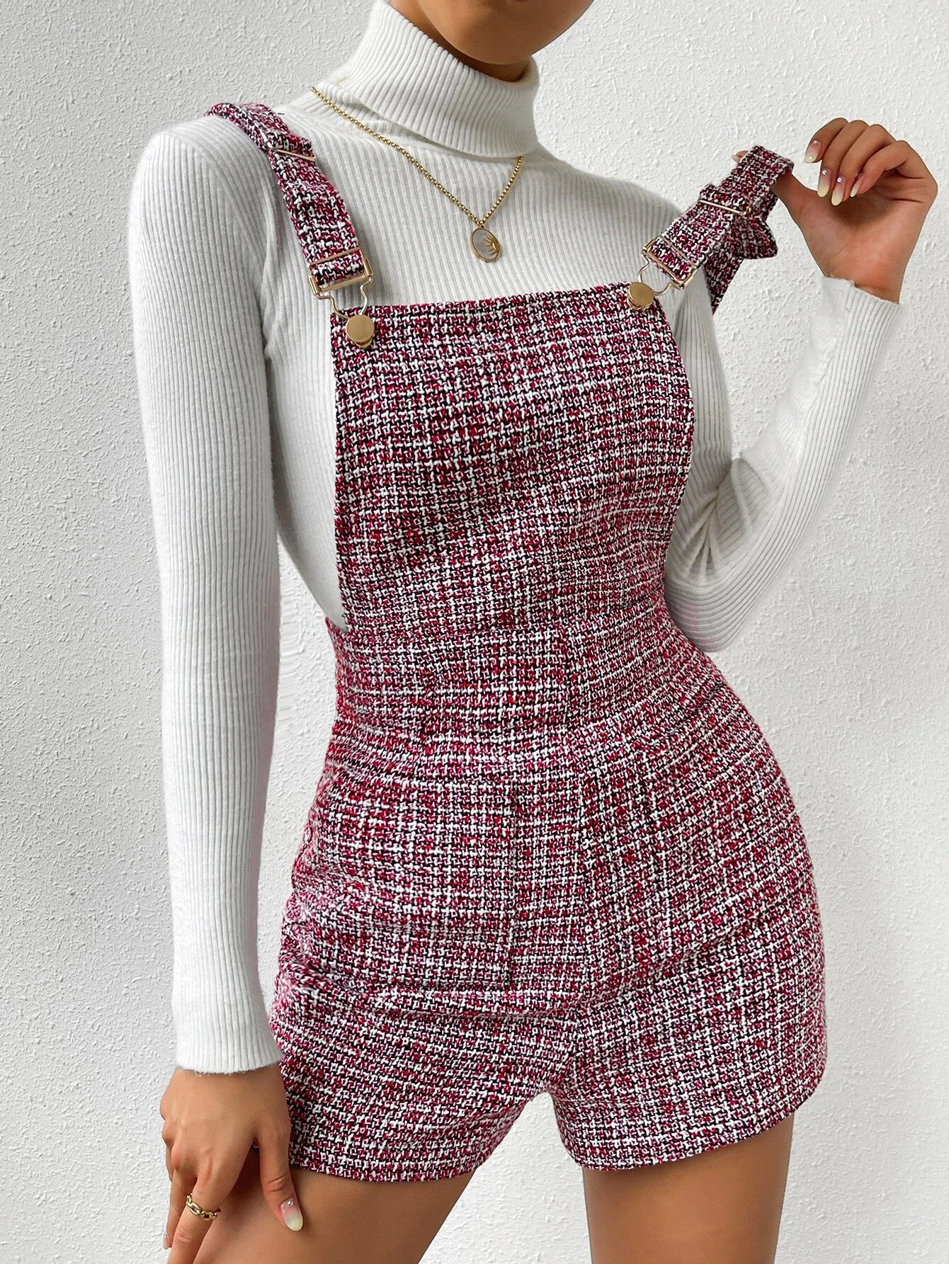 Plaid Pattern Double Pocket Tweed Overall Romper Without Sweater
