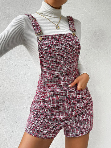 Plaid Pattern Double Pocket Tweed Overall Romper Without Sweater